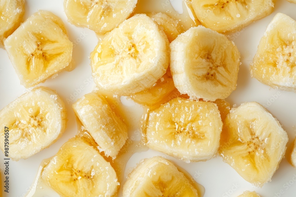 Poster banana pieces topped with honey droplets on a clean white background, close-up view