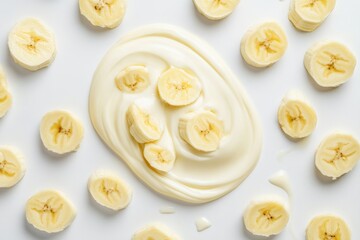 Banana pieces swirled in smooth yogurt on a clean white background, top view