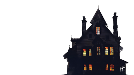 Haunted house silhouette with spooky windows and crooked roof, isolated on a white background