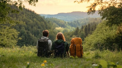 Carefree couple taking a break during hiking in nature.