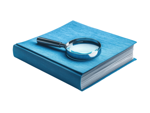 A blue book with a magnifying glass resting on top, set against a black background, suggesting themes of research and investigation.