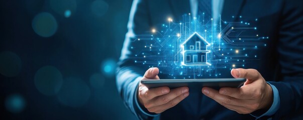 Businessman holding a tablet with a holographic house symbol representing real estate technology and innovation in the digital property market