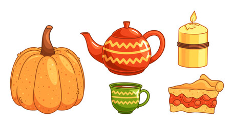 Warm Autumn Elements Showcasing A Ripe Orange Pumpkin, Vibrant Teapot, Cozy Burning Candle, Inviting Pie Slice