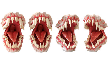 Set of realistic fake vampire teeth with fangs, isolated on a white background