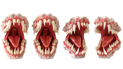 Set of realistic fake vampire teeth with fangs, isolated on a white background