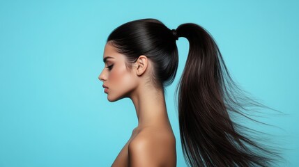 Fototapeta premium A stunning high ponytail with volume and smooth, controlled strands, modeled by a woman in a dynamic, active pose to highlight the hairstyle versatility and flair