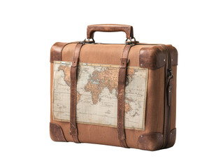 A vintage-style suitcase featuring a world map design, perfect for travelers and adventure enthusiasts.