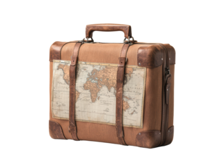 A vintage-style suitcase featuring a world map design, perfect for travelers and adventure enthusiasts.