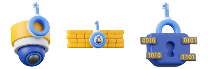 Smart key technology concept 3d icon set. Key with security camera, firewall and conceptual of encryption.