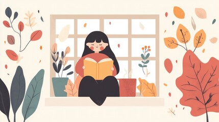 Girl on windowsill holding book and drink, enjoying a cozy autumn day.