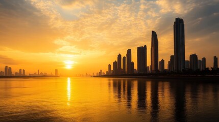 A stunning sunset view of tall skyscrapers along a riverbank, with the golden light reflecting off the water and creating a dramatic skyline silhouette.