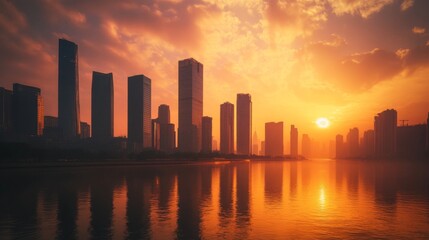 A stunning sunset view of tall skyscrapers along a riverbank, with the golden light reflecting off the water and creating a dramatic skyline silhouette.