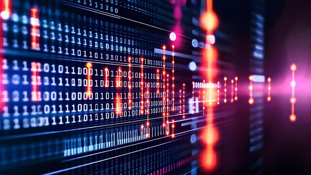 Digital binary code data stream with glowing lines and dots, representing information technology, big data, and cybersecurity analysis.

