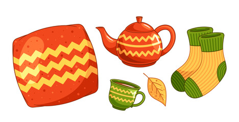 Collection Of Warm Autumn Elements Including A Cozy Teapot, Vibrant Cushion, Stripe Socks, Green Cup, And Leaf