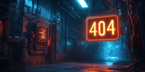 Neon "404 Page Not Found" Sign with Digital Server Background for Tech Concept