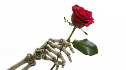 Skeleton hand holding a red rose, spooky and elegant, isolated on a white background