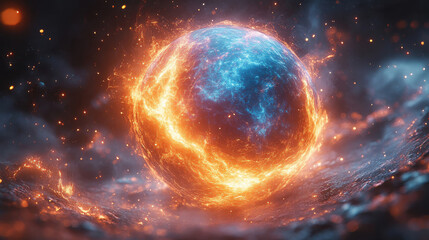 A glowing, fiery energy sphere hovers in space, surrounded by bright, swirling particles and dark cosmic clouds