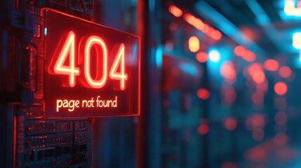 Neon "404 Page Not Found" Sign with Digital Server Background for Tech Concept