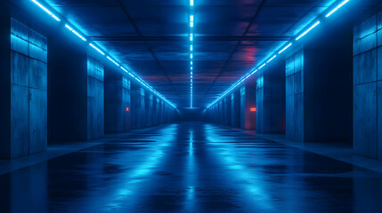 Blue Neon Lights in Dark Hallway 3D Illustration