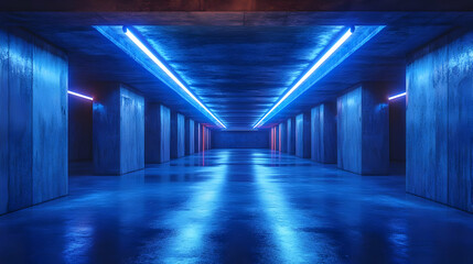Blue and Red Neon Lights in a Concrete Corridor 3D Illustration