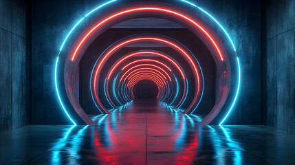 Neon Blue and Red Glowing Circular Tunnel - 3D Illustration