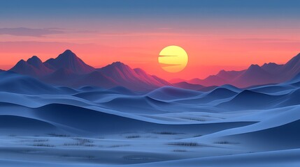 Obraz premium Stunning sunset over serene mountains, with vibrant colors illuminating the snowy landscape, creating a peaceful atmosphere.