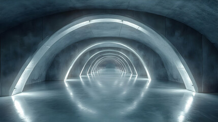 3D Rendering of a Futuristic Hallway with Archways and Neon Lights