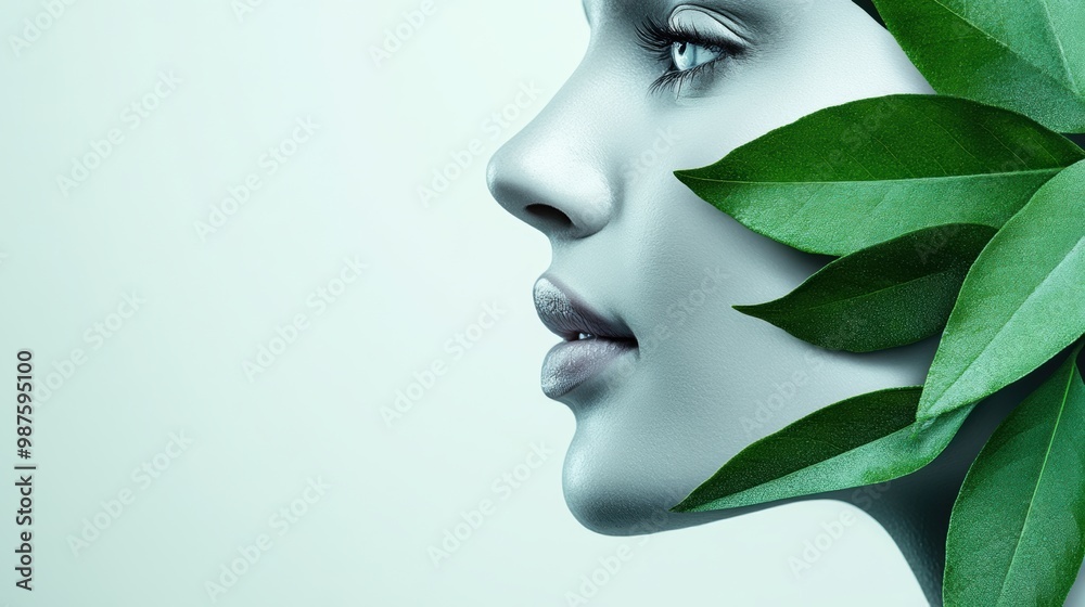 Sticker A woman with green leaves on her face and hair, AI