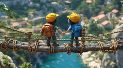 Two animated characters with backpacks hold hands on a bridge overlooking a scenic landscape, embodying friendship and adventure.