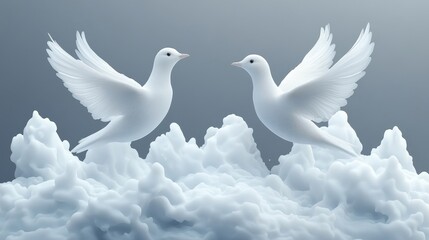 Fototapeta premium Two elegant white doves gracefully flying above fluffy clouds, symbolizing peace and harmony in a serene atmosphere.
