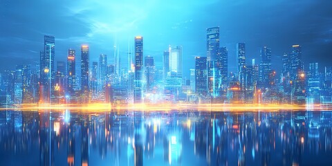 Illustration of a modern futuristic smart city concept with abstract bright lights against a blue background. Showcases cityscape urban architecture, emphasizing a futuristic technology city concept.