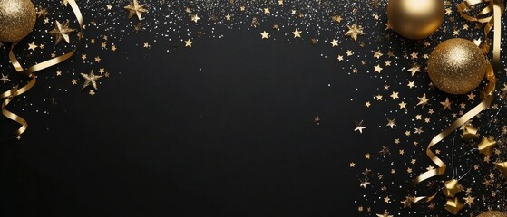 New Years Eve corner border banner of glittery gold stars, streamers, decorations and noisemakers. Top view on a black background. with copy space