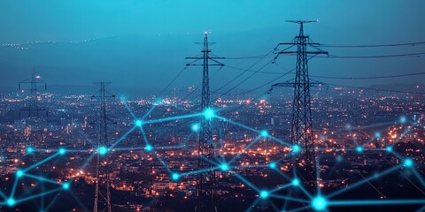 High power electricity poles in urban area connected to smart grid. Energy supply, distribution of energy, transmitting energy, energy transmission, high voltage supply concept photo 