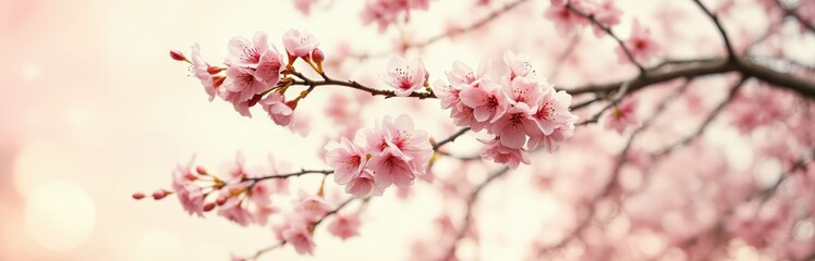 Fototapeta premium A close-up image of a branch adorned with pink cherry blossoms in full bloom, set against a soft pink and white light pink background