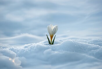 A solitary white crocus flower with a yellow center stands out against a serene blue sky, surrounded by a blanket of snow and a soft light, creating a tranquil and peaceful scene