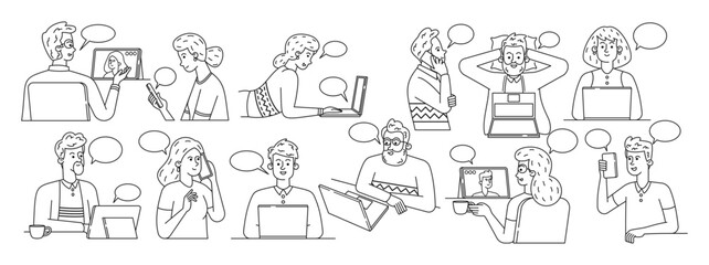 Obraz premium Doodle Characters Engaged In Online Communication Using Different Modern Gadgets like Smartphones, Laptops, Tablets