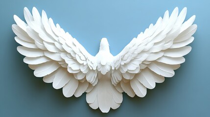 Fototapeta premium A beautifully crafted white sculpture of a bird with detailed wings, showcasing elegance and artistry against a blue background.