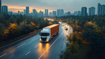 Obraz premium City logistics in action with a fast-moving delivery truck driving on a wide urban road, tall buildings lining the street