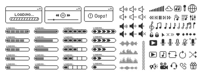Set of music and video icons, elements of computer interface and progress bar. Pixel art vector illustration.