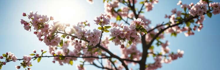 A close-up image of a cherry blossom tree with pink flowers in full bloom against a clear blue sky, captured from a low angle emphasizing the tree's height and the sun's rays casting a warm glow