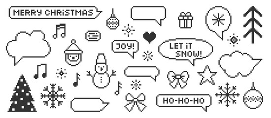 Set of xmas icons of christmas tree, present, snowman, bow, snowflake and speech bubble. Pixel art vector illustration.