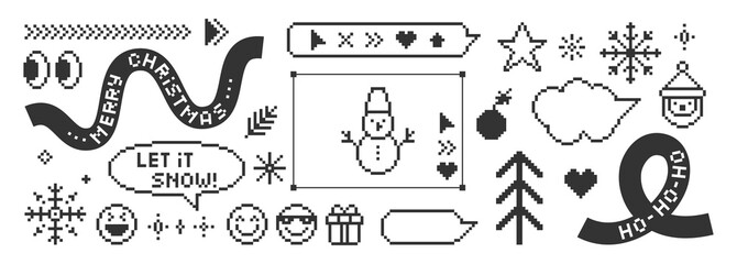 Set of xmas icons of christmas tree, present, snowman,arrow, emoji. Pixel art vector illustration.