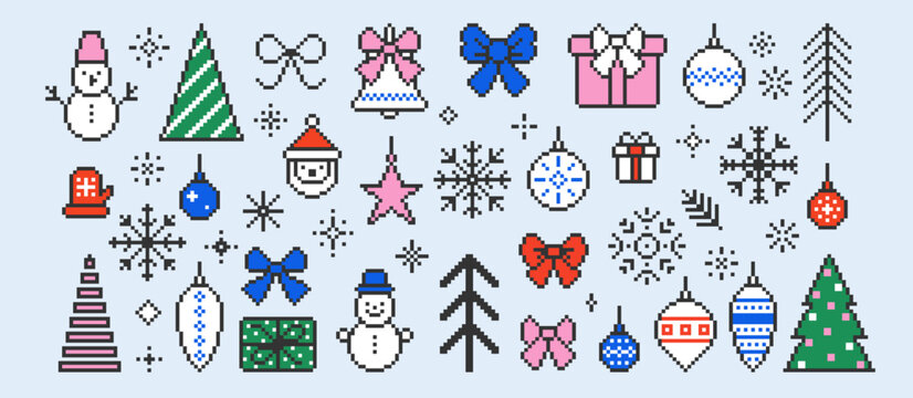 Set of xmas icons of christmas tree, present, snowman, bow, snowflake, jingle bell. Pixel art vector illustration.
