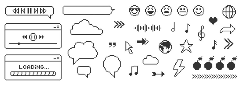 Set of pixel art elements in 90s style. Message boxes and popup user interface elements. Vector illustration.