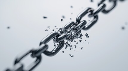 Close-up of a Breaking Metal Chain with Shattered Links on a Light Background Symbolizing Strength and Fragility