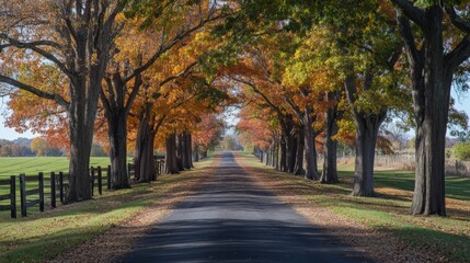 A tree-lined avenue with autumn foliage creating a vibrant tunnel of colors, capturing the beauty of seasonal changes along a peaceful road.