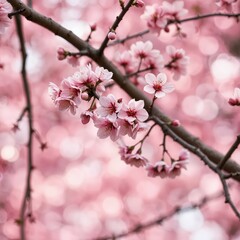 A close-up image of a cherry blossom tree branch, adorned with pink flowers and buds, is captured in a soft, blurred background, creating a serene and tranquil atmosphere