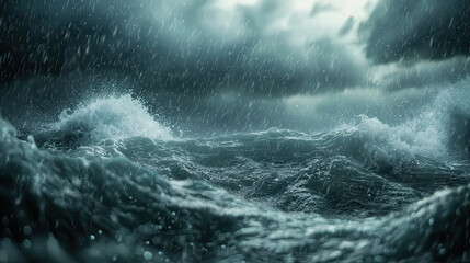 A striking image capturing the untamed ocean waves crashing under dark, stormy skies, illustrating the power and ferocity of nature during a heavy rainstorm at sea.