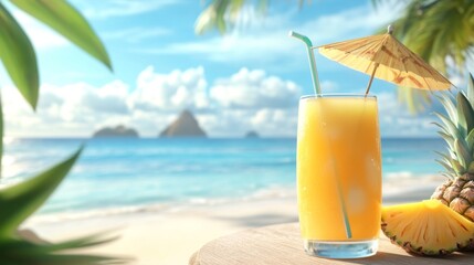Obraz premium A tropical scene featuring a glass of pineapple juice with a straw and umbrella, placed on a beachside table with the ocean in the background.