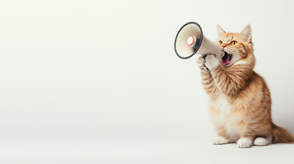 Orange cat with megaphone shouting on white banner background with copy space